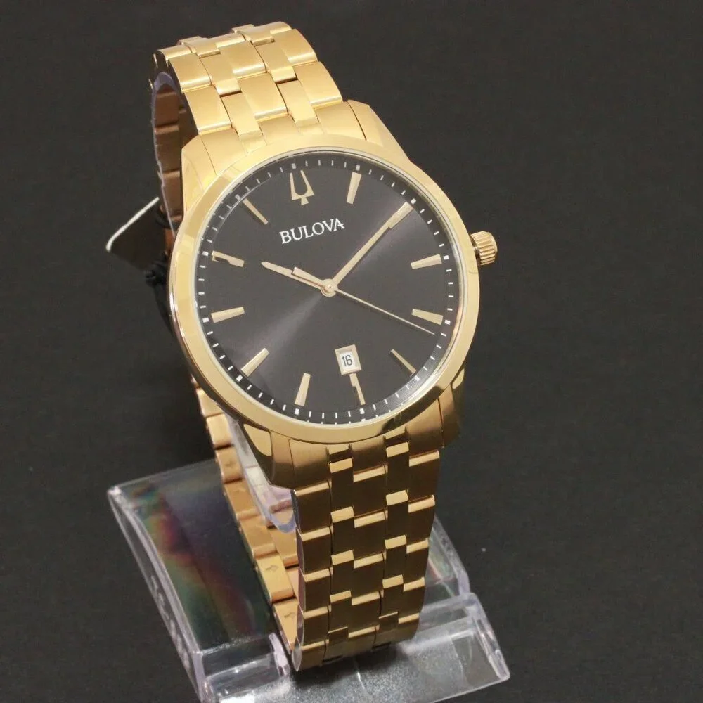 Bulova Men's Classic Sutton Watch Gold Tone Black Dial Date At Six 40mm